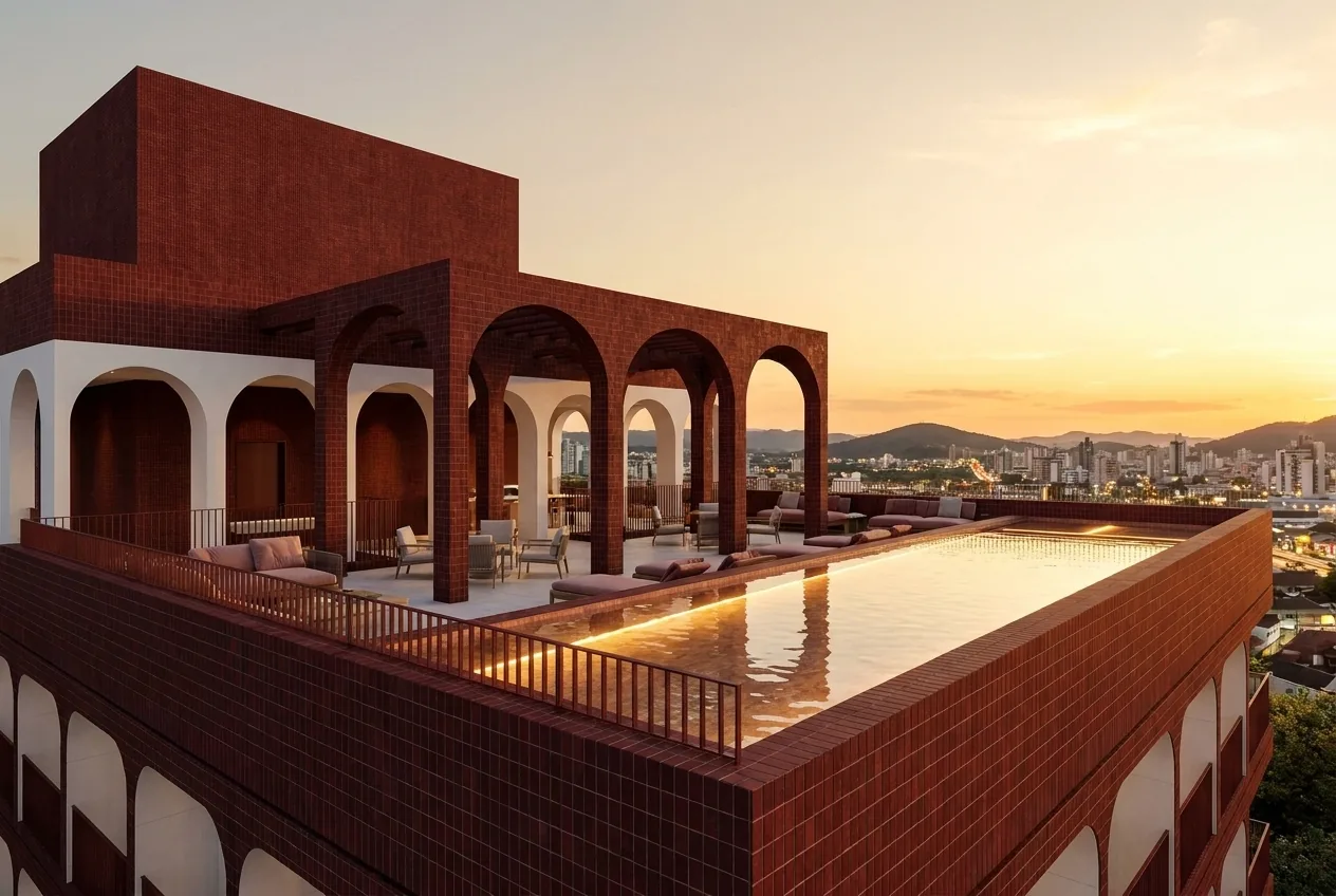 Área de lazer do MINIMAL com lounge, gourmet e fire place ao entardecer